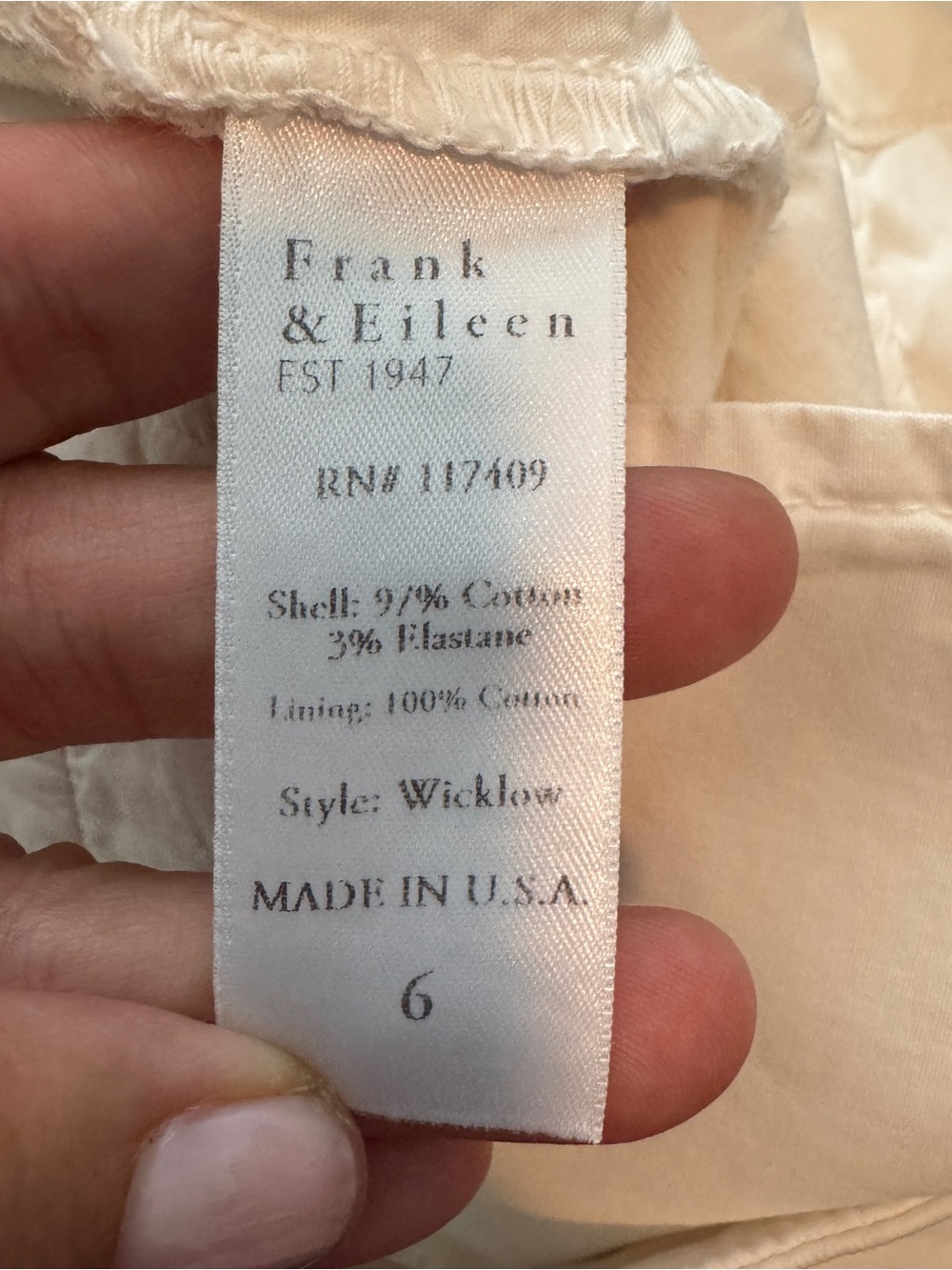 Frank & Eileen Wicklow White Italian Chino Pant Size 6 Cropped Straight Leg - Picture 6 of 6